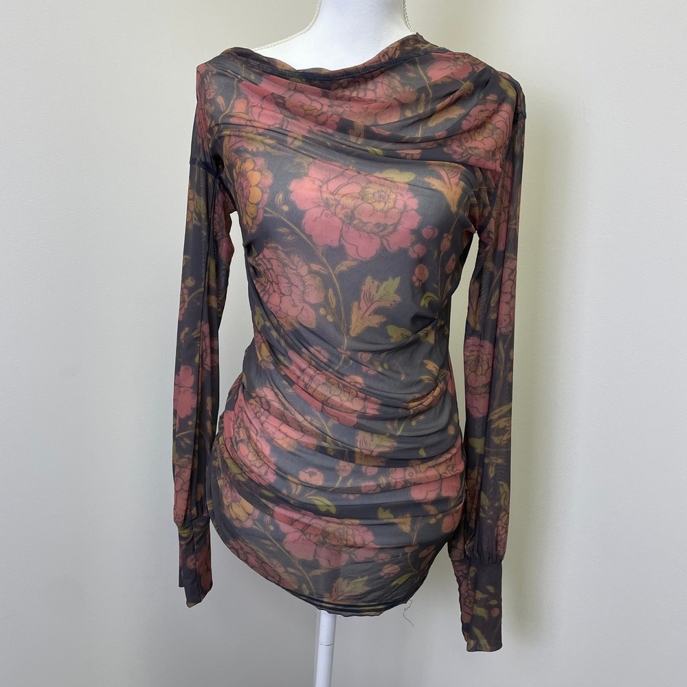 Free People Floral Mesh Ruched Off Shoulder Long Sleeve Tunic Top Medium - Picture 2 of 16